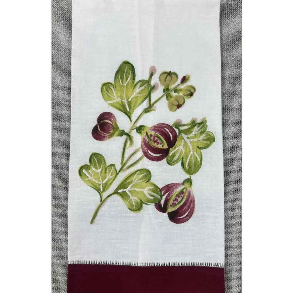 Set of Two (2) Tea Towels LINEN‎ White Maroon & Green Floral VTG Hand Painted
